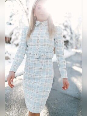 Ivy City Co Blue & White Plaid Long-Sleeve Belted Shirt Dress
